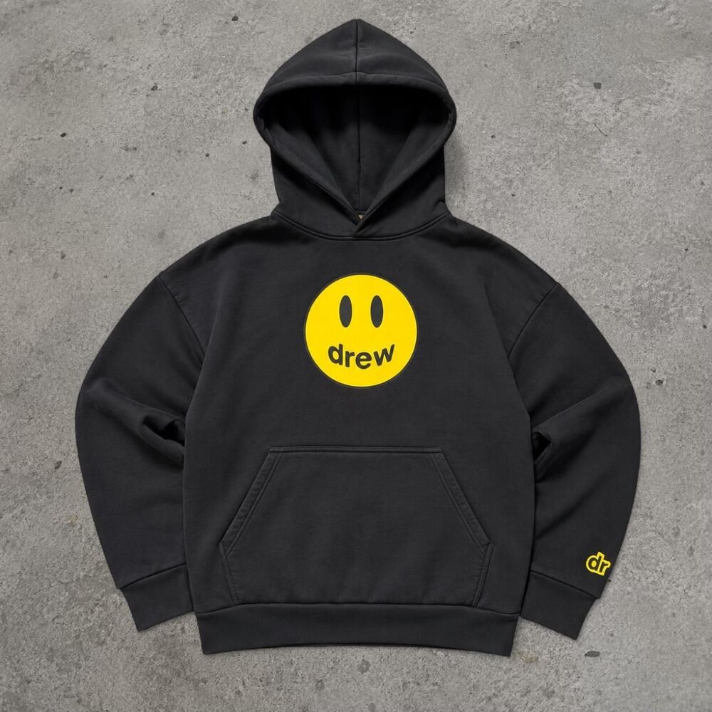 Drew House Mascot Hoodie Size L Black Yellow Smiley Face Justin Bieber